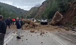 Yola dev kayalar düştü, ulaşım aksadı