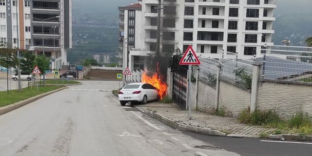 Samsun' da park halindeki bir otomobil hareket etti, direğe çarptı ve yandı