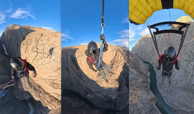 Karanlık Kanyon’da base jump gösterisi nefes kesti