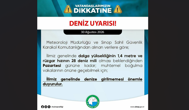 Sinop Valiliğinden denize girecek vatandaşlara uyarı