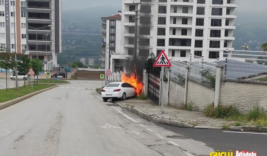 Samsun' da park halindeki bir otomobil hareket etti, direğe çarptı ve yandı