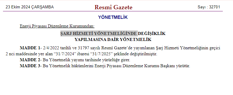 Şarj Hizmeti Yönetmenliği