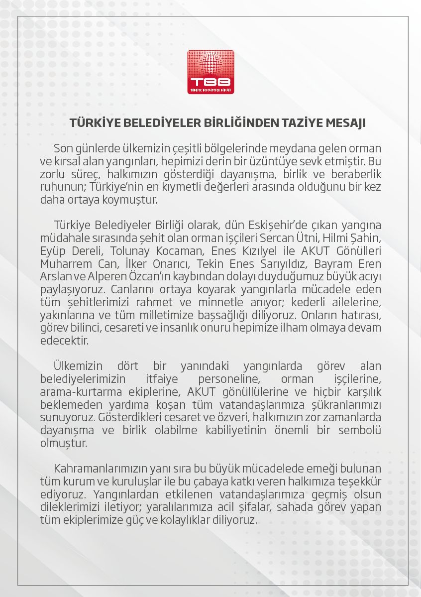 Türkiye Belediyeler Birliğinden Taziye Mesajı 1