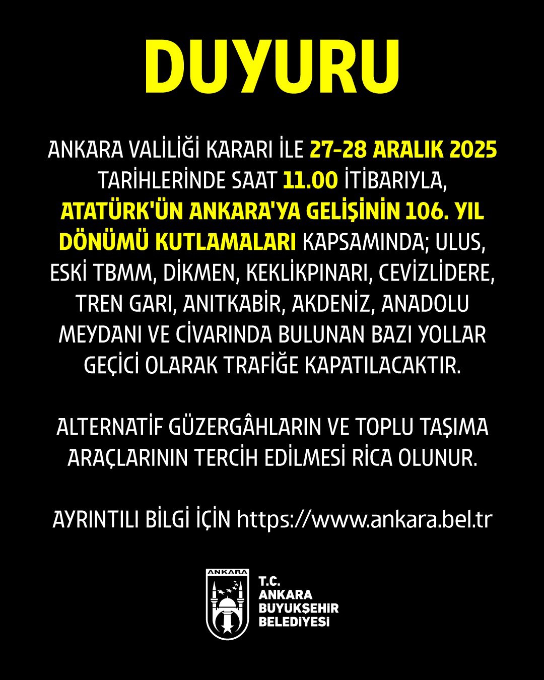 Ankara Kapalı Yollar