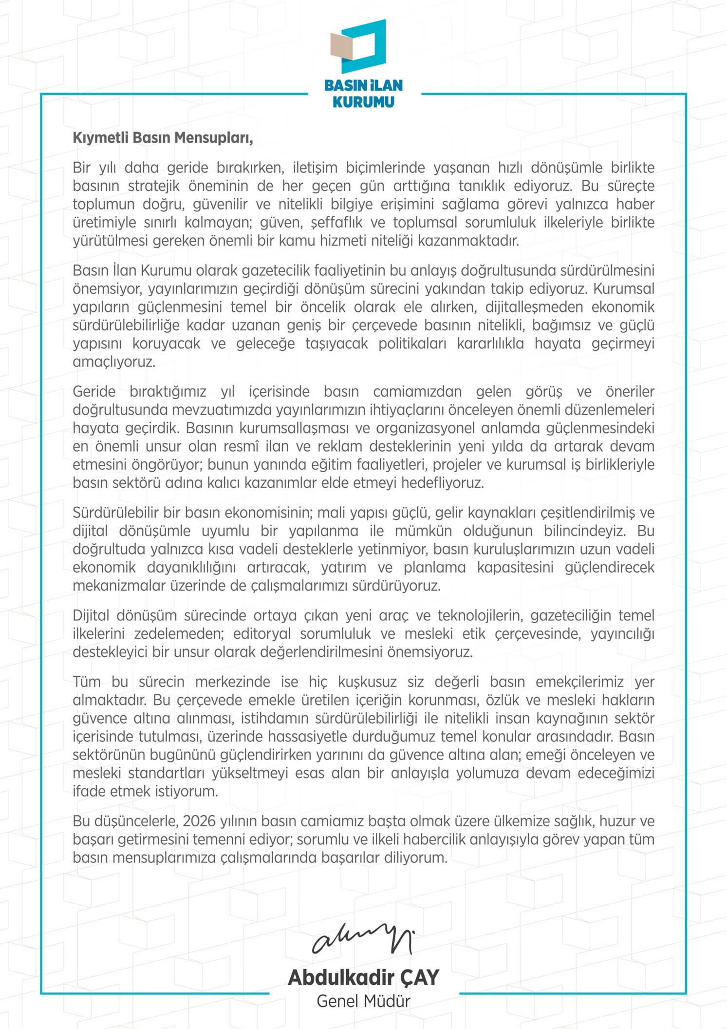 Basın İlan Kurumu Genel Müdürü Çay’dan Yeni Yıl Mesajı