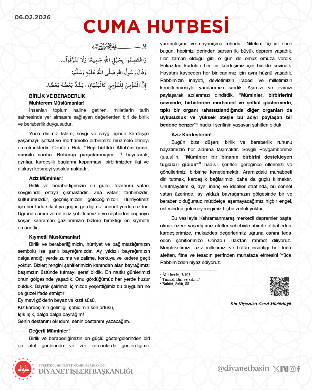 6 Şubat Cuma Hutbesi