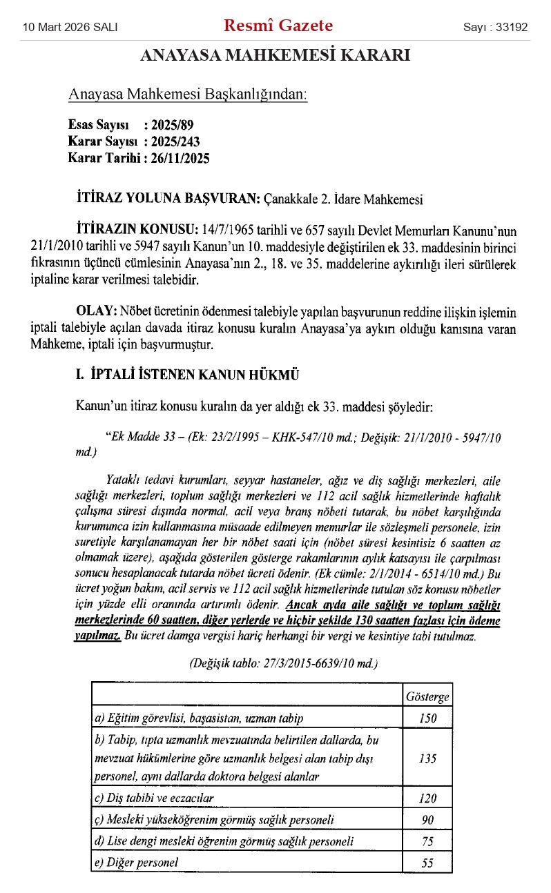 Sağlık Çalışanlarının Nöbet Ücreti Kararı 1