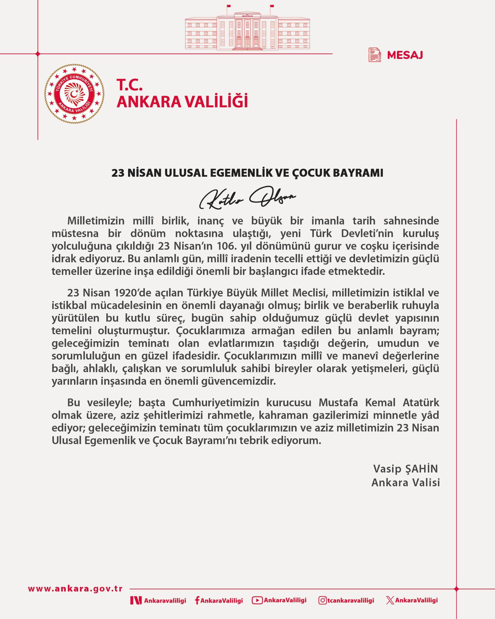 Vasip Şahin’den 23 Nisan Kutlama Mesajı