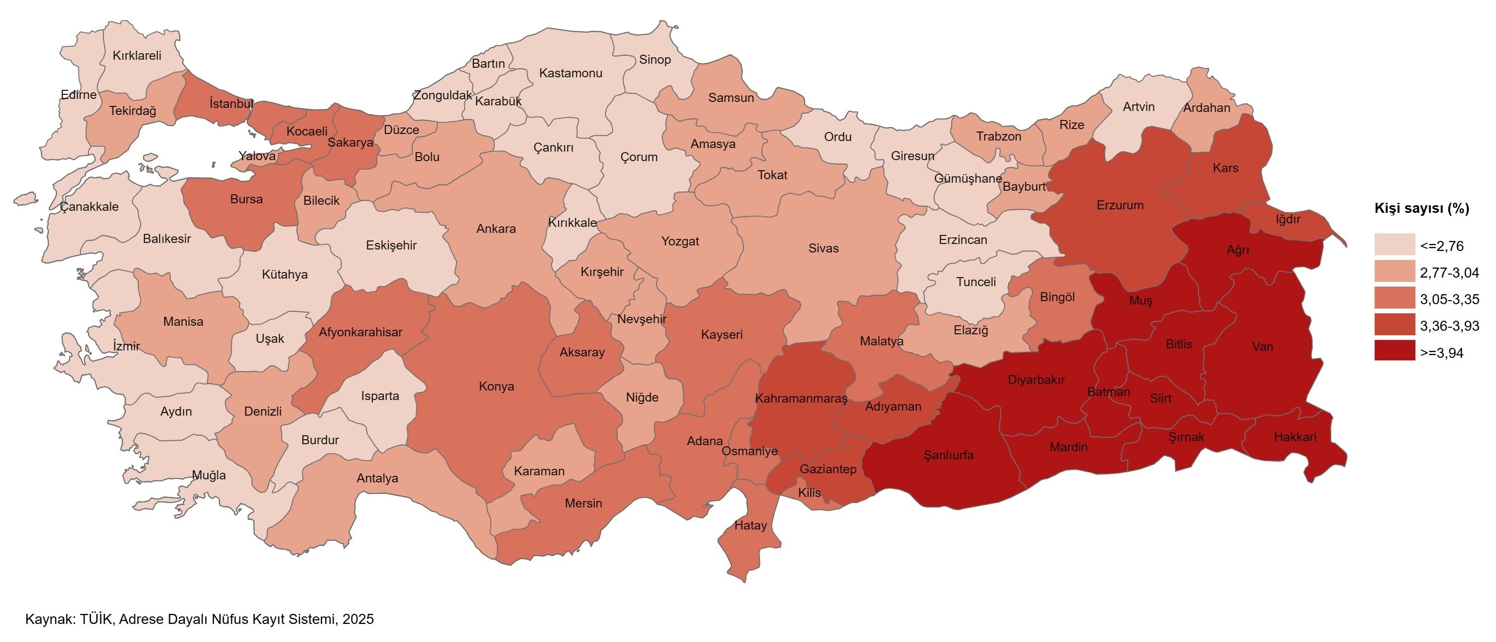 İllere Göre Ortalama Hanehalkı Büyüklüğü, 2025