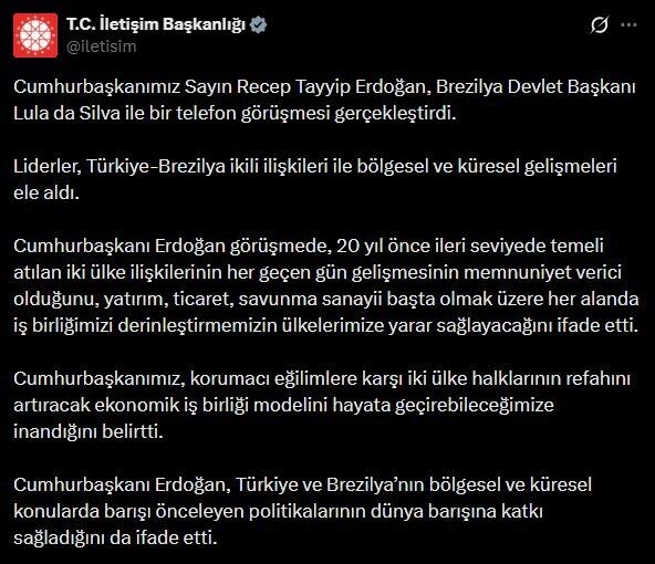 Erdoğan, Lula da Silva ile telefonda görüştü