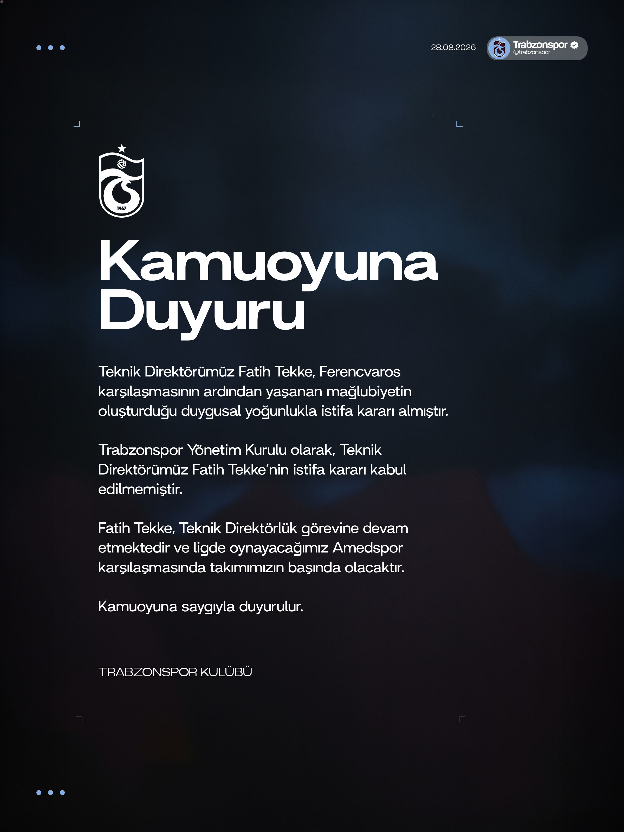 Trabzonspor Fatih Tekke'nin Istifasını Kabul Etmedi