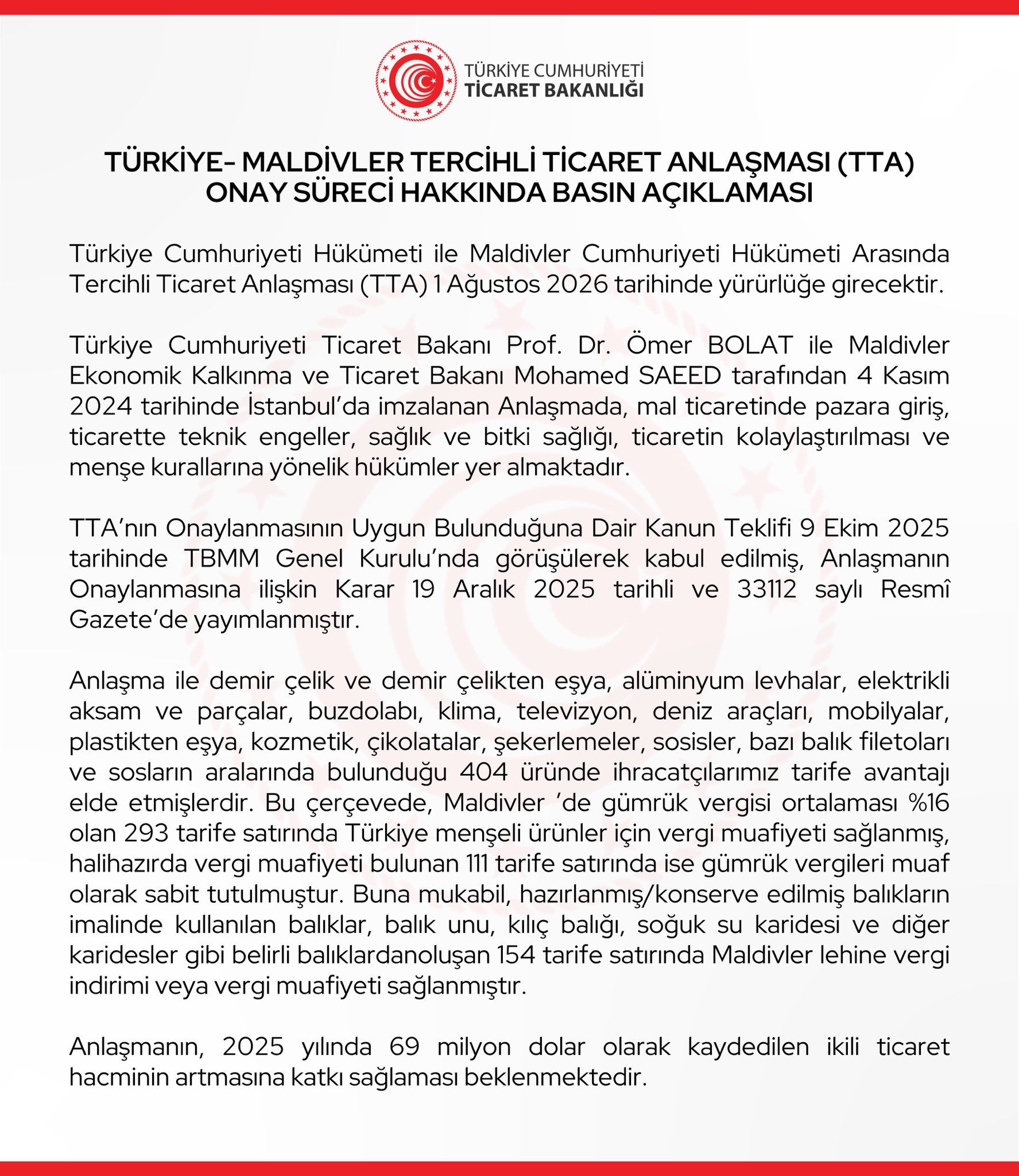 Türkiye Maldivler Tercihli Ticaret Anlaşması (Tta) 1