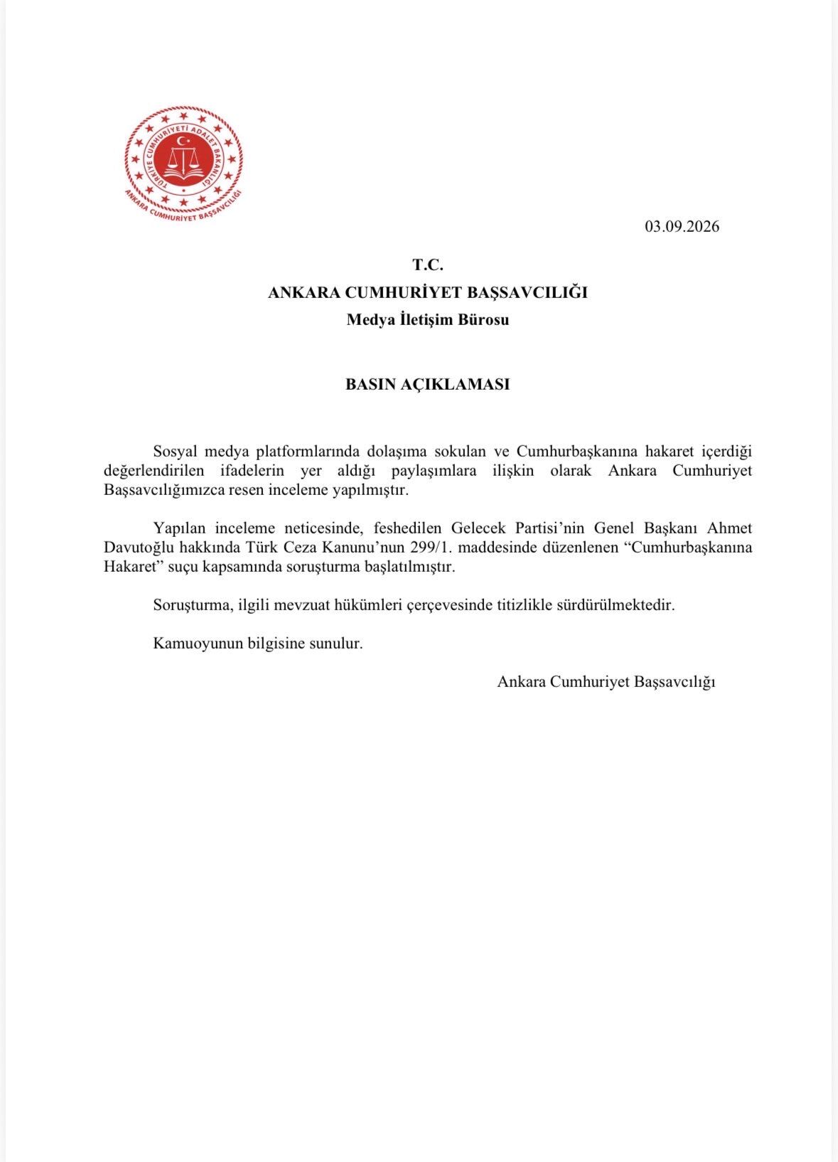 Ankara Cumhuriyet Başsavcılığı Ahmet Davutoğlu