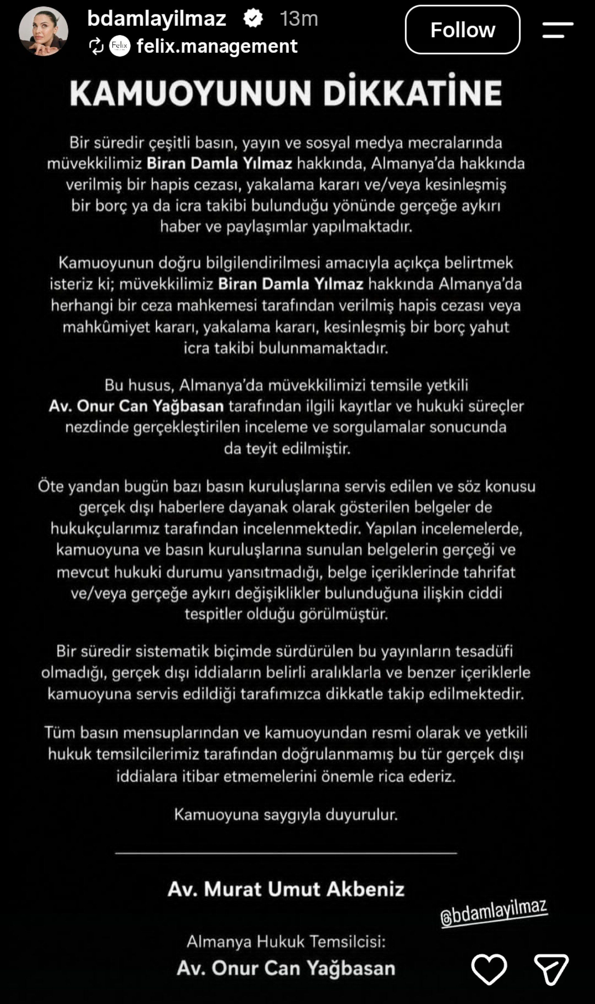 Biran Damla Yılmaz Açıklama